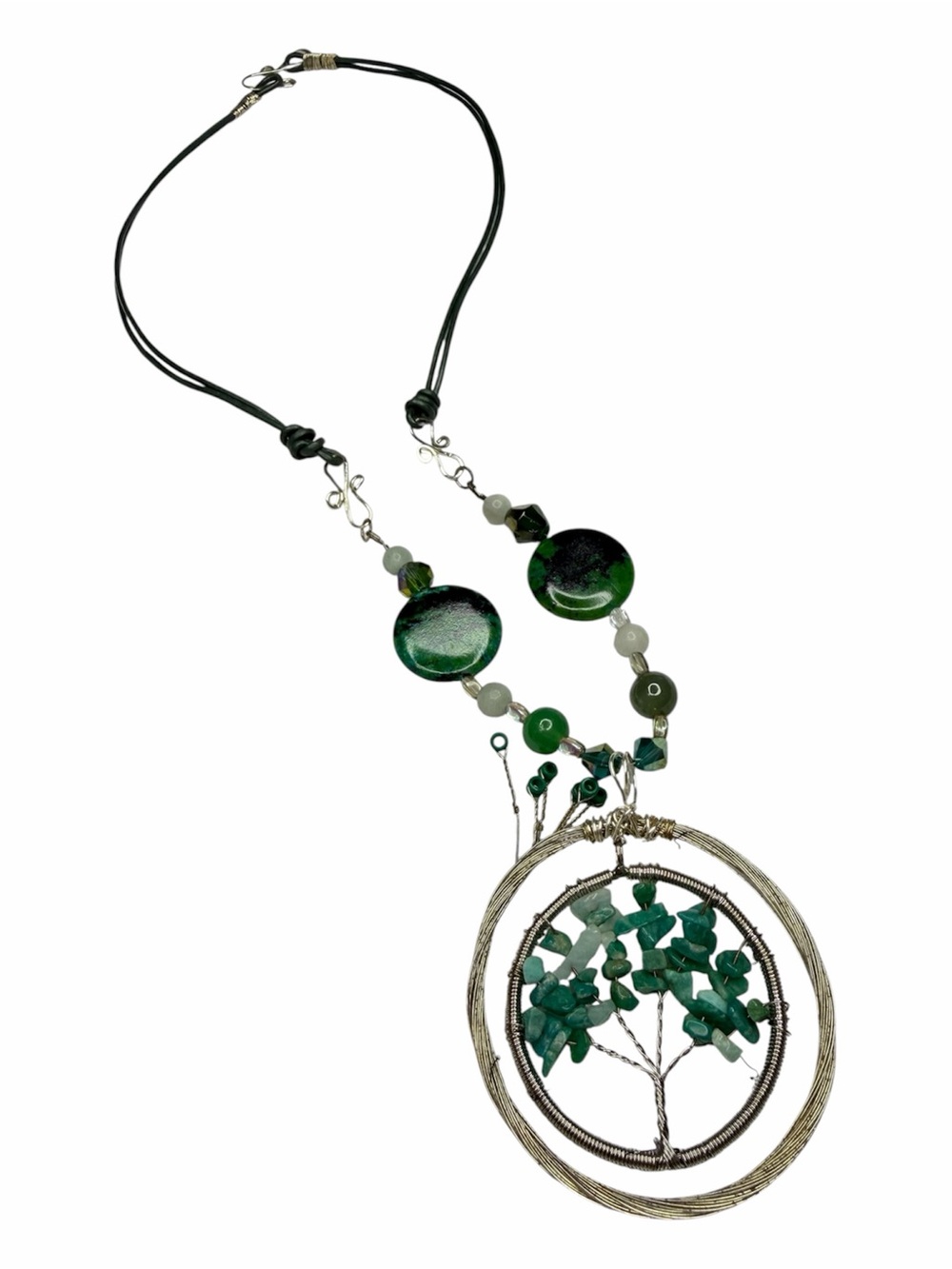 Handcrafted Green Tree of Life Pendant Necklace semi-precious Vintage